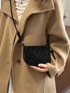 Women's Drawstring Shoulder Strap Small Square Bag, Leopard Print Fabric, Letter Printed, Zipper Closure, Compact and Convenient, High Quality Bag