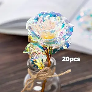 20pcs Colorful Iridescent Artificial Roses, Plastic Material, Petal Shining Laser Gloss, Suitable for Wedding Arrangements, Home Decoration, Festival Celebrations, Photography, etc.,Adding a Dreamy and Romantic Atmosphere