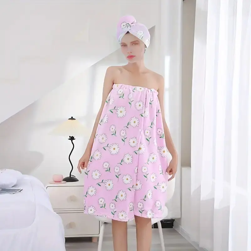 Daisy print bath robe and hair dryer cap set, 1 bathrobe, 1 printed hair dryer cap, coral fleece, highly absorbent bath towel, super absorbent, quick drying, super soft, skin-friendly - suitable for home bathroom use, bathroom towels, Loungewear