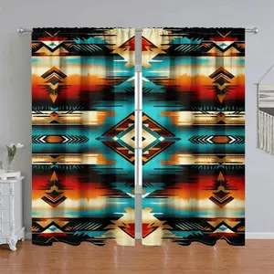 2Pcs 2-piece, bohemian style pattern curtain panel, geometric abstract design, pole pocket, semi sunshade polyester fiber, suitable for home living room, bedroom, balcony, kitchen, study and shower window decoration, accessory, anti privacy