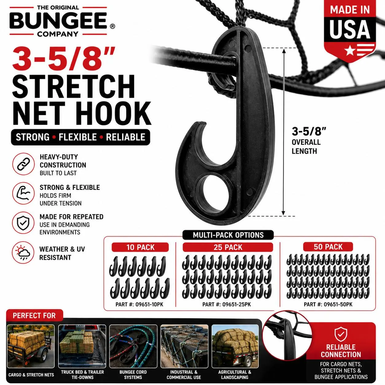 The Original Bungee Company 3-5/8" Heavy-Duty Stretch Net Hooks - Impact-Resistant Plastic Attachment Hooks for Cargo Control, Truck Bed & Trailer Nets, Landscaping & Agriculture, 10/25/50-Pack