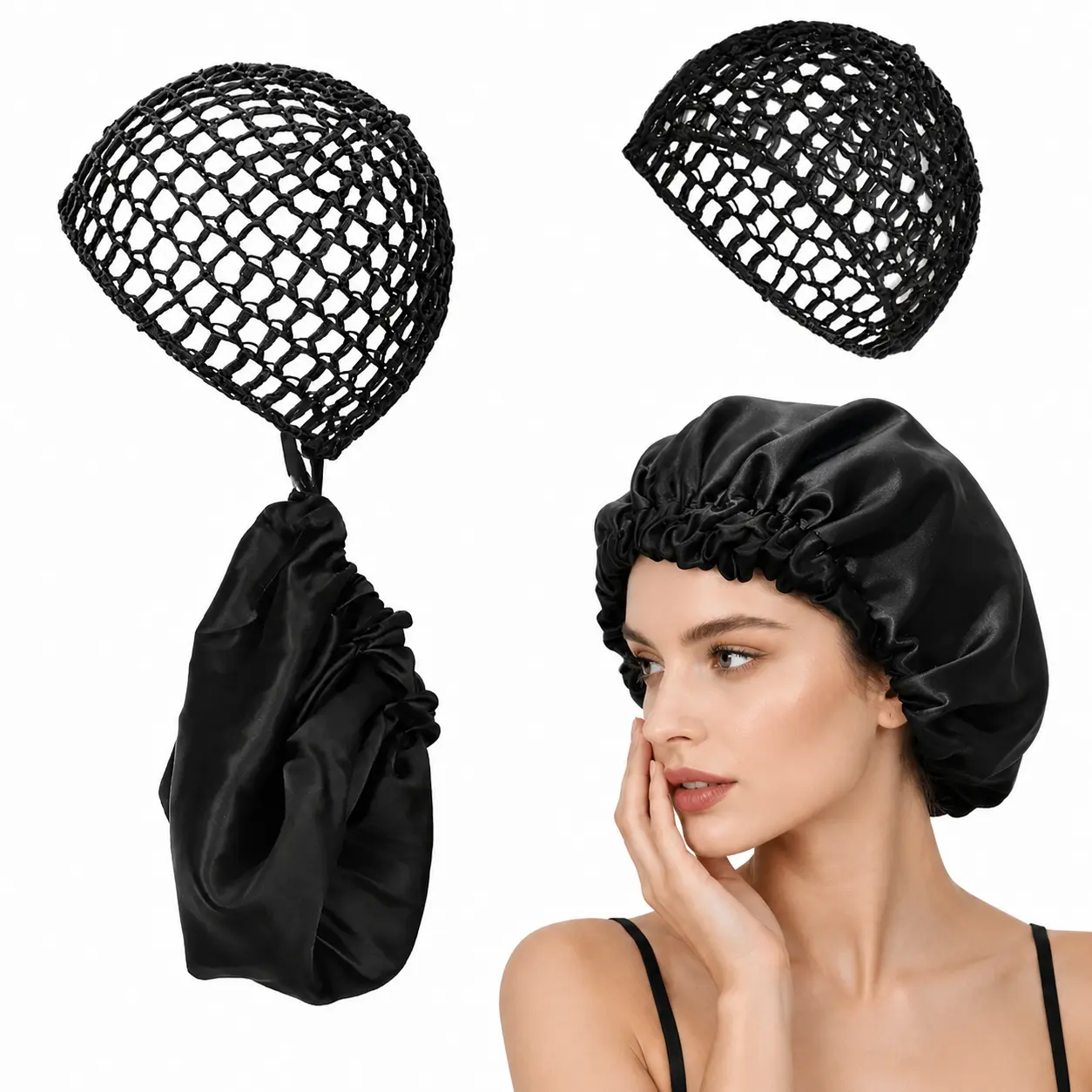 Adjustable Hair Bonnet for Hair Care, Detachable Satin Hair Wrap & Net Duo,  Heatless Silk Press Curls & Frizz Control, Handmade Netting with Reversible Satin Sateen Band