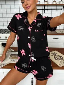Women's Two-Piece Sleepwear Set, Pajama Set, Bowknot Print, Sweet Cool Style, Loved Letter Detail, Loose Fit, All Seasons