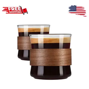 Espresso Cups Set of 2 with Wooden Ring, 8 OZ High Borosilicate Espresso Shot Glass