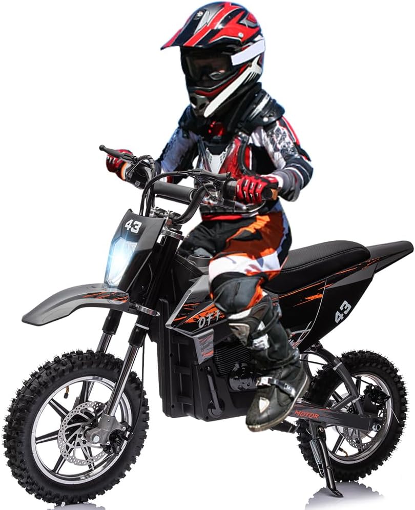 36V Electric Dirt Bike for Kids, Ride on Motorcycle 350W Brushless Motor Fast Speed 15.5MPH with LED Headlight, Leather Seat,Front+Back Brake for Teen
