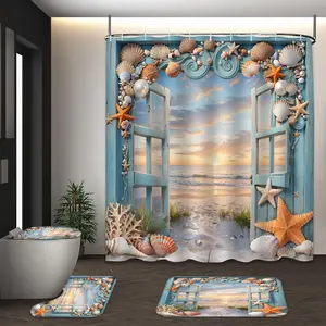 LVRLVR 4Pcs Coastal Window Seashell Starfish Sunset Beach Print Boho Summer Multi-Color Shower Curtain Set 70.8×70.8 Inch