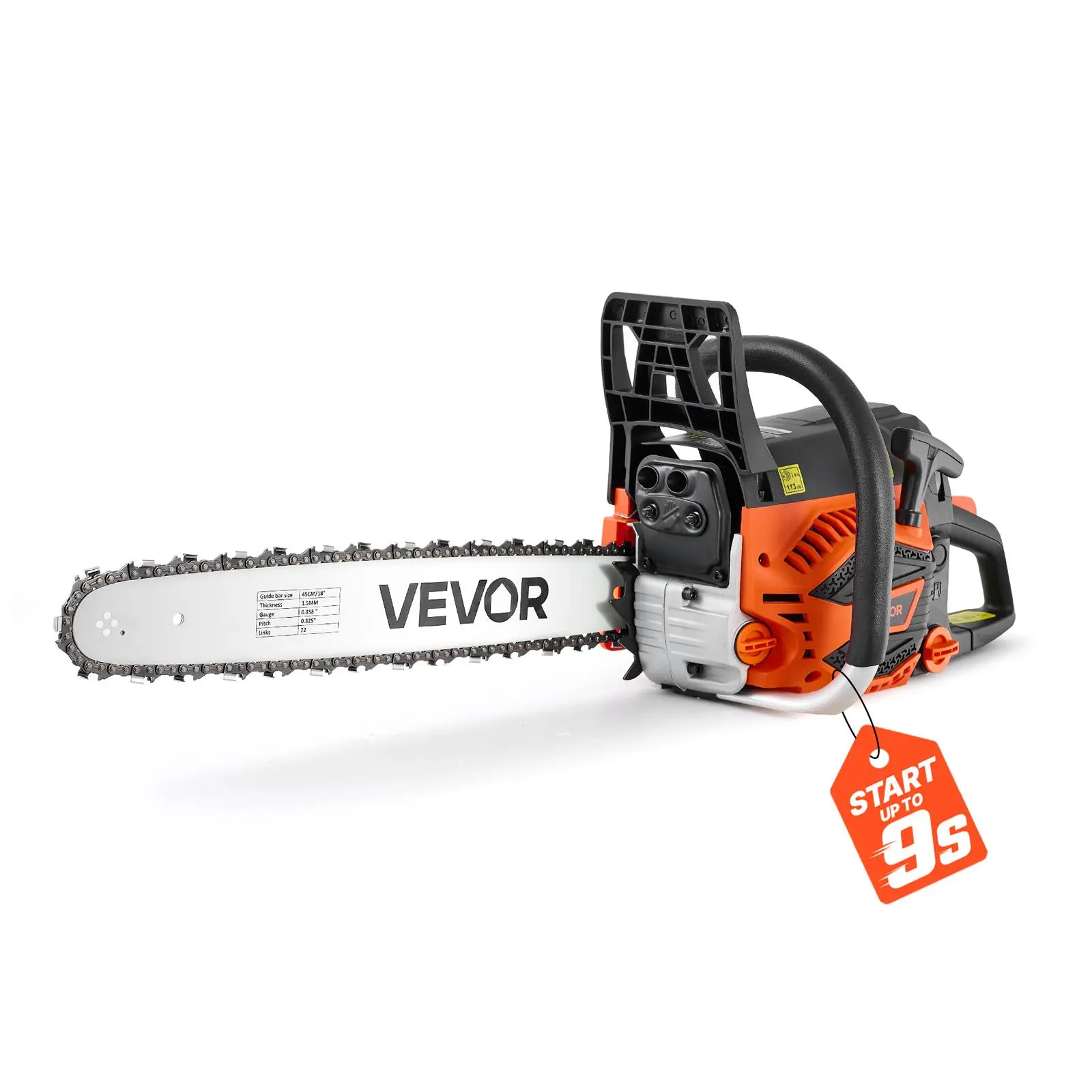 【BackToSchool】VEVOR Gas Powered Chainsaw, 18 in 52CC 2.55HP 2-Stroke Engine, Chains-Equipped Power Saw with Throttle-Synced Choke, Non-Slip Handle, Dual Tanks for Wood Cutting, Tree Trimming