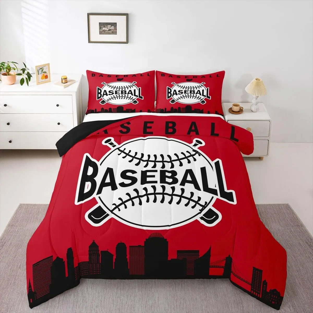 Baseball Bedding Set,Sports Games Comforter Set,Baseball City Duvet Insert American City Silhouette Down Comforter with 2,Red Black