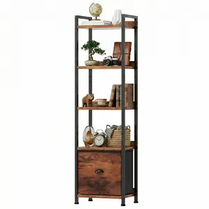 Modern Slim Bookshelf - Wood & Metal Tall Narrow Storage Shelf Unit with Fabric Drawer, Space-Saving Furniture for Room, Ideal for Living Room, Bedroom