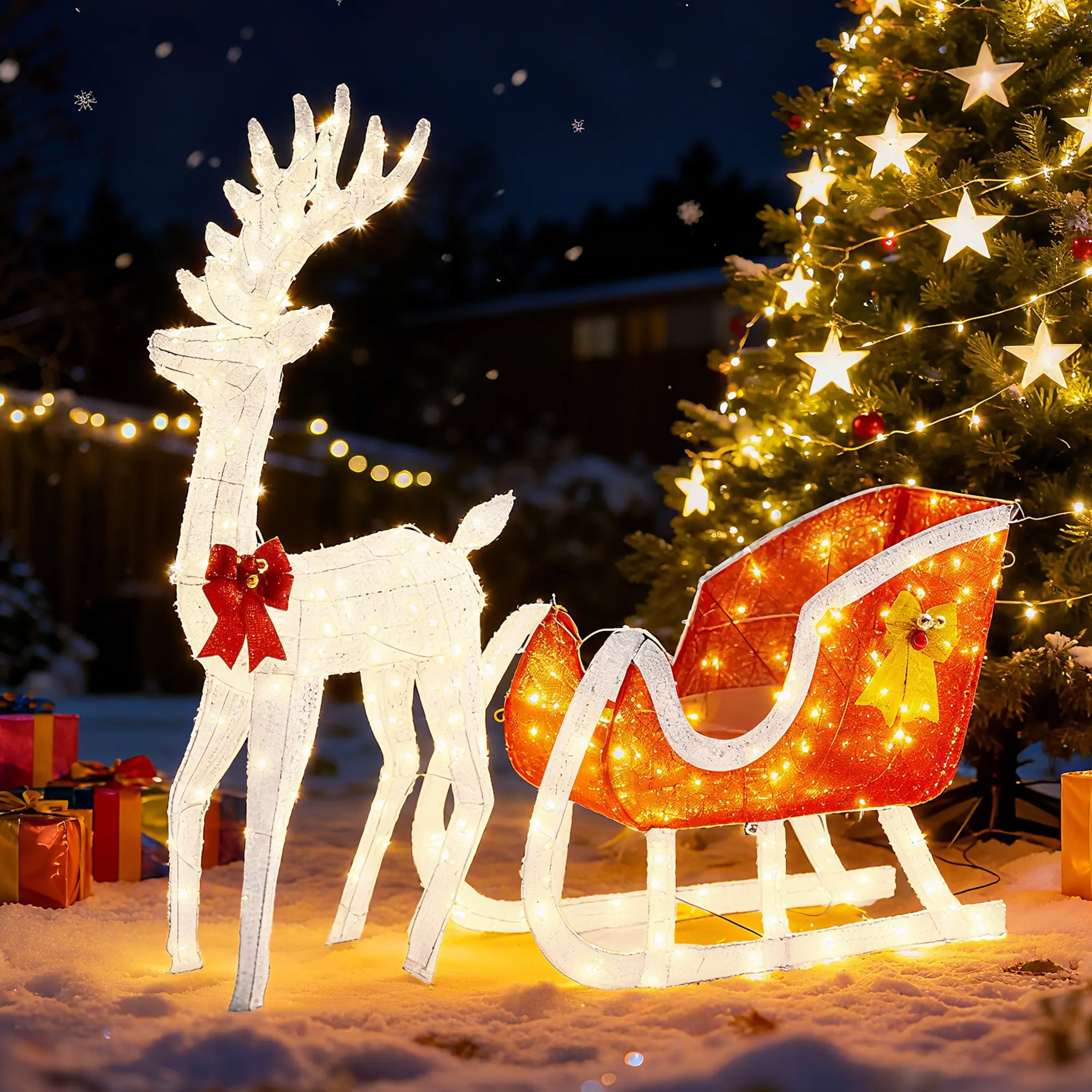 Sweetcrispy 4 FT Durable Pre-Lit Metal Frame Classic Christmas Reindeer & Santa Sleigh Set, 180 Energy Efficient LED Twinkle Lights, Cotton Bows, Stakes, Family-Friendly Space-Saving Patio Decor for Xmas Holiday Display (White-Red)