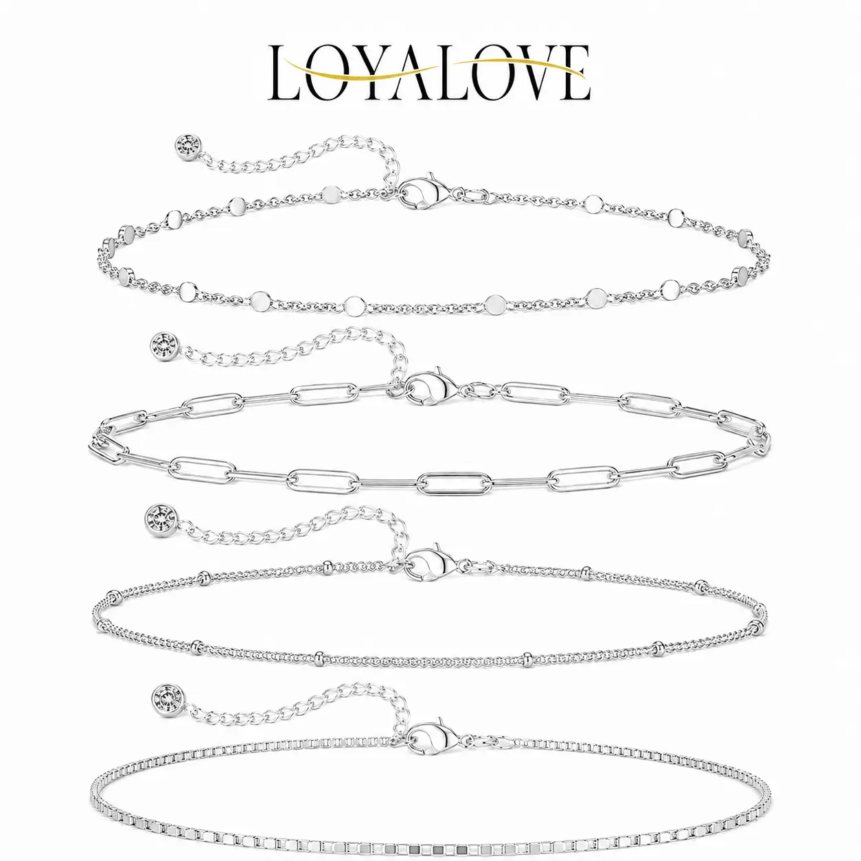 LOYALOVE Silver Anklets for Women, 5-Piece Dainty Layered Anklet Set, Adjustable Stackable Paperclip Satellite Box & Bar Link Chain Ankle Bracelets, Summer Beach Foot Jewelry Gift