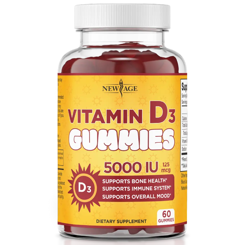 NEW AGE Vitamin D3 5000 IU 125mcg Gummies - Support Immune Support, Strong Bone Health - Non-GMO, Gluten-Free, Dairy-Free, Gelatin-Free Gummies