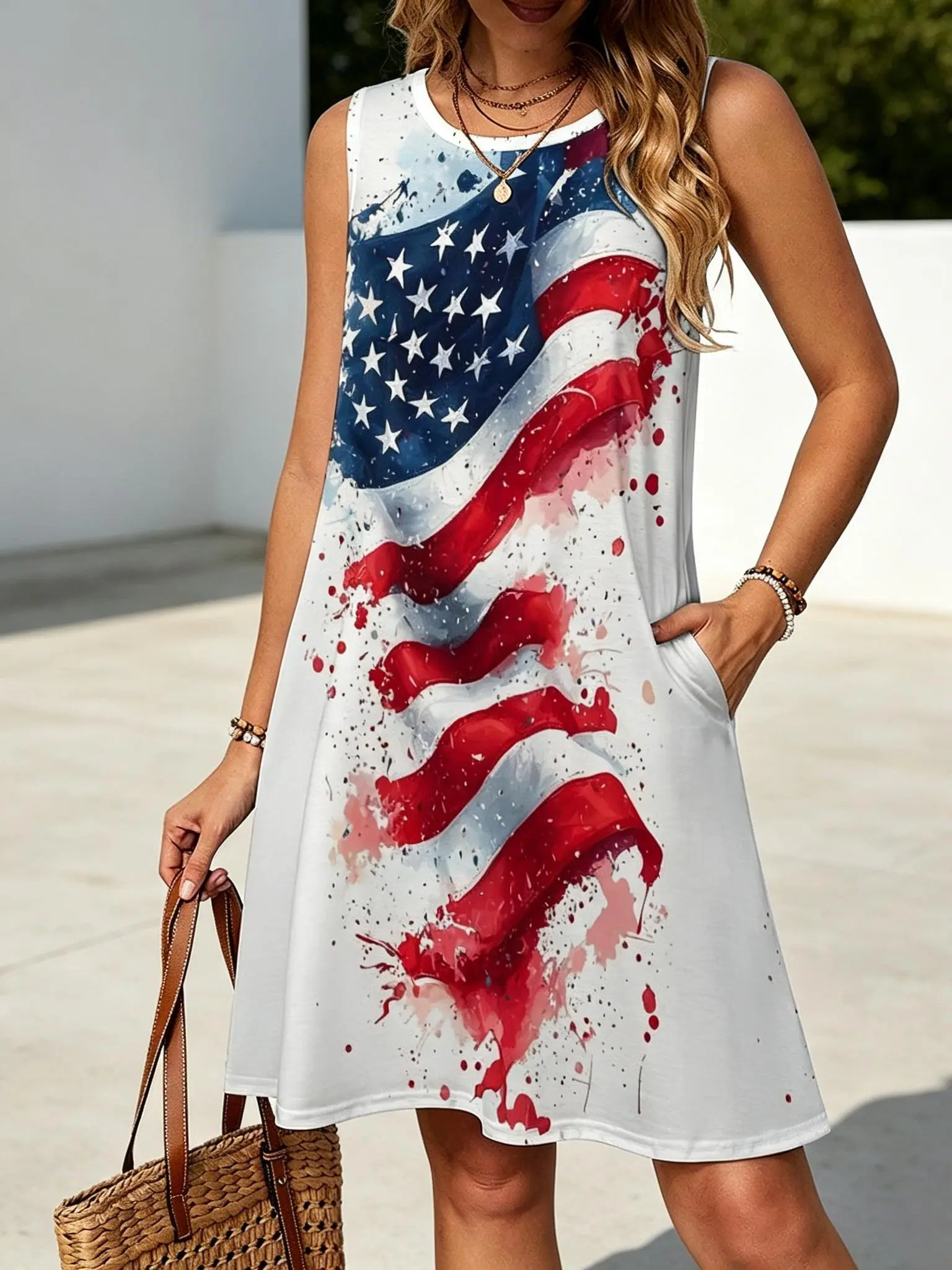 Women's S-5XL Sleeveless Loose Swing Dress - Retro Splatter Watercolor American Flag Patriotic Design, Casual Pocket Tunic Dress for Independence Day BBQ, America 250 Semiquincentennial Events