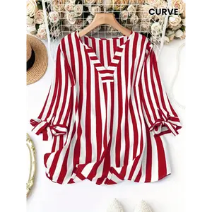 Plus Size Elegant Striped Print Blouse - Notched Neck, Tie Cuff, Comfortable Fit, Spring Fashion Essential - Women's Plus Size Clothing for Curvy Figures Sleeve Womenswear
