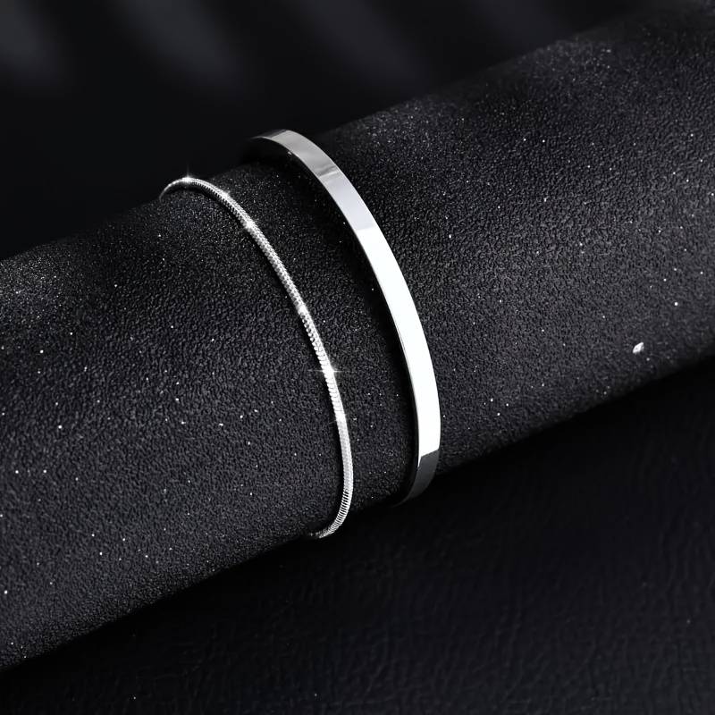 2pcs Silvery Smooth Bangle And Snake Chain Bracelet Set, Minimalist Dual Style for Stacking, Understated Perfect Gift for Men Father Son Boyfriend
