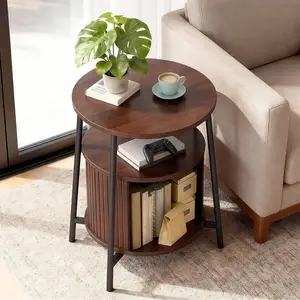 【Deals for You Days】DHH Smart Nightstand with Power Outlets & Type-C, 2-Tier Fluted Side Table with Hidden Storage, Mid-Century Modern Round Bedside Table for Living Room