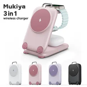 Mukiya Magnetic 3 in 1 Mini Suitcase-style MagSafe Charger Stand for iPhone 16 15 14 13 12 Pro Max Plus, Apple Watch& Air pods 4 3 2 Pro