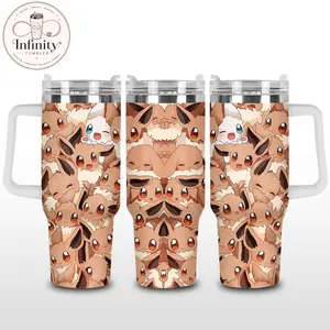 Eevee 40oz Tumbler With Handle, Cute Brown Anime Monster Stainless Steel Insulated Travel Cup, Kawaii Cartoon Leakproof Mug Gift For Fans