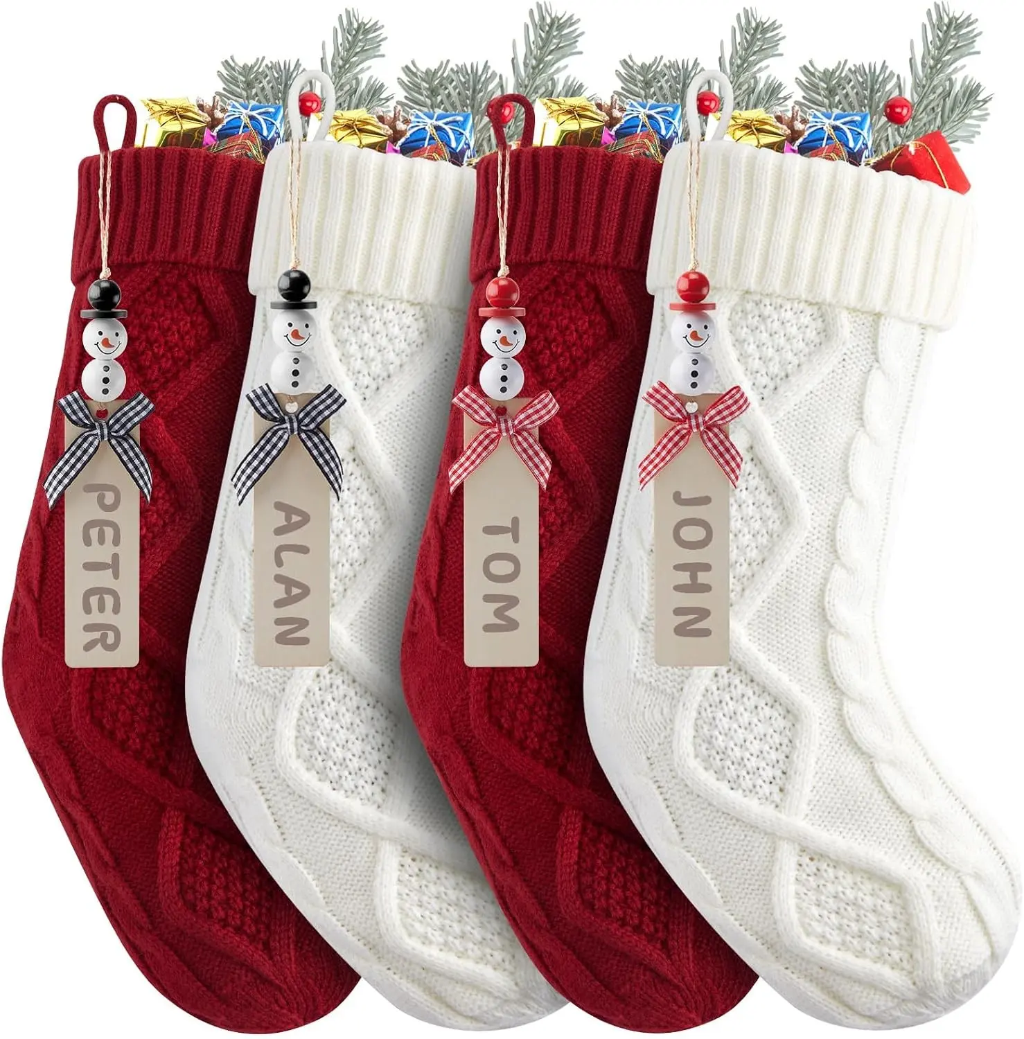 Minetom Personalized Christmas Stockings - 18 Inches Hanging Stockings with DIY Snowman Name Tags, 4 Pack Large Size Knitted Stockings for Mantels, Christmas Tree Family Holiday Decor, Red and White