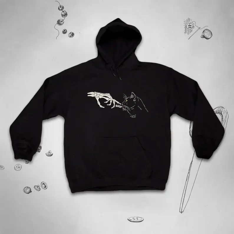 Menswear Gothic Hoodie with Skeleton Hand & Cat Print, Long Sleeve Cotton Blend Pullover with Kangaroo Pocket, Graphic, Skeleton Print, Unisex Gothic, Drawstring Cap, Cold Wash, Tops, Sweatshirts, Casual, Longsleeves, Clothes, 1X1 Ribbed Cuffs And Waistba