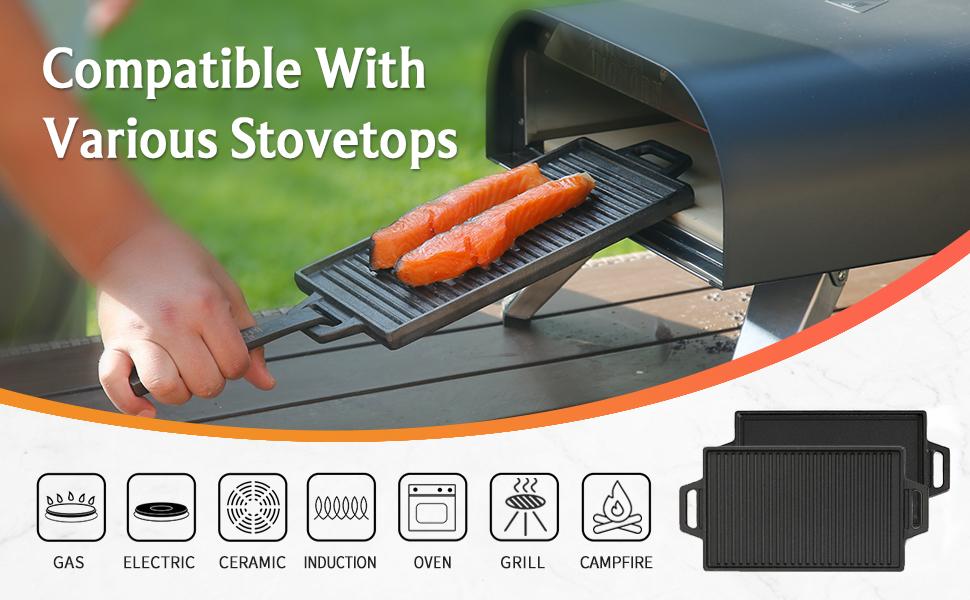 BIG HORN OUTDOORS Cast Iron Grill Plate - Double Sided Griddle with Handles for Gas Stove tops, Oven, and Open Fire - Cookware