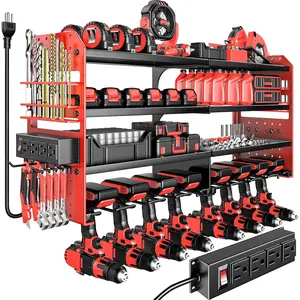 Large Power Tool Organizer Wall Mount with  Station, 4 Layer Heavy Duty Metal Cordless Tool Organizer, Tool Storage Rack with 8 Cordless Drill Holder  Hammer(Red)