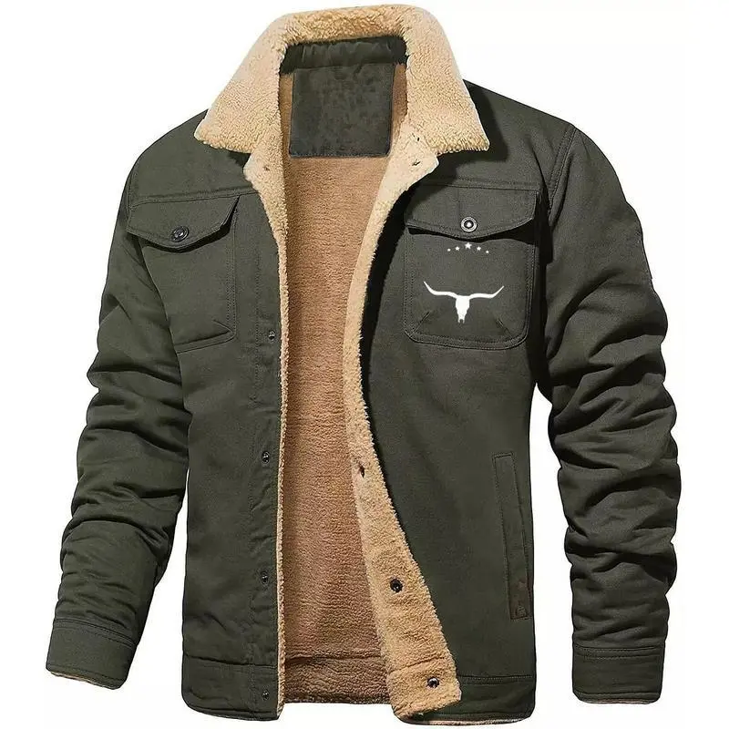Men's Retro Western Jacket Warm Fleece Coat Work Cargo Trucker Jackets Tops CasualLZJ