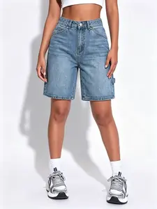 Millennial Style Light Blue Denim Shorts, Women's High Waist Loose Fit Five-Quarter Jeans, Casual Wide Leg Denim Shorts for Summer, Womenswear