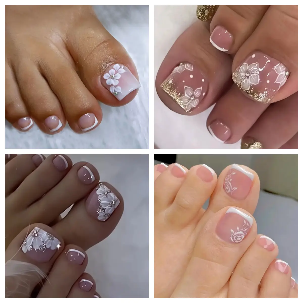 LIZZYKISS 96 Pcs Press On Toenails, Short Square French Tip Nails with Pink Gradient & Flower Accents, Reusable Full Cover Glue On Fake Toe Nails for Women, Press On Nails