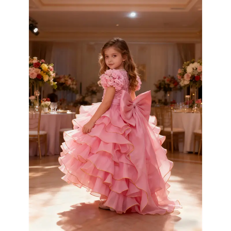Girl's Princess Dress, Short Front Long Back Tulle Dress with Embroidered 3D , Short Dress for Girls' Birthday Parties, Weddings, Pageant, Performances, Hosting, Social Events, and Festivals