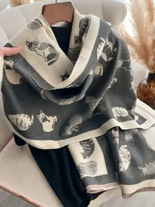 1pc Elegant Stylish Women's Scarf with Cat Print, Cozy Double-Sided Animal Pattern Shawl for Fall & Winter, Trendy Fashion Accessory for Comfortable Layering