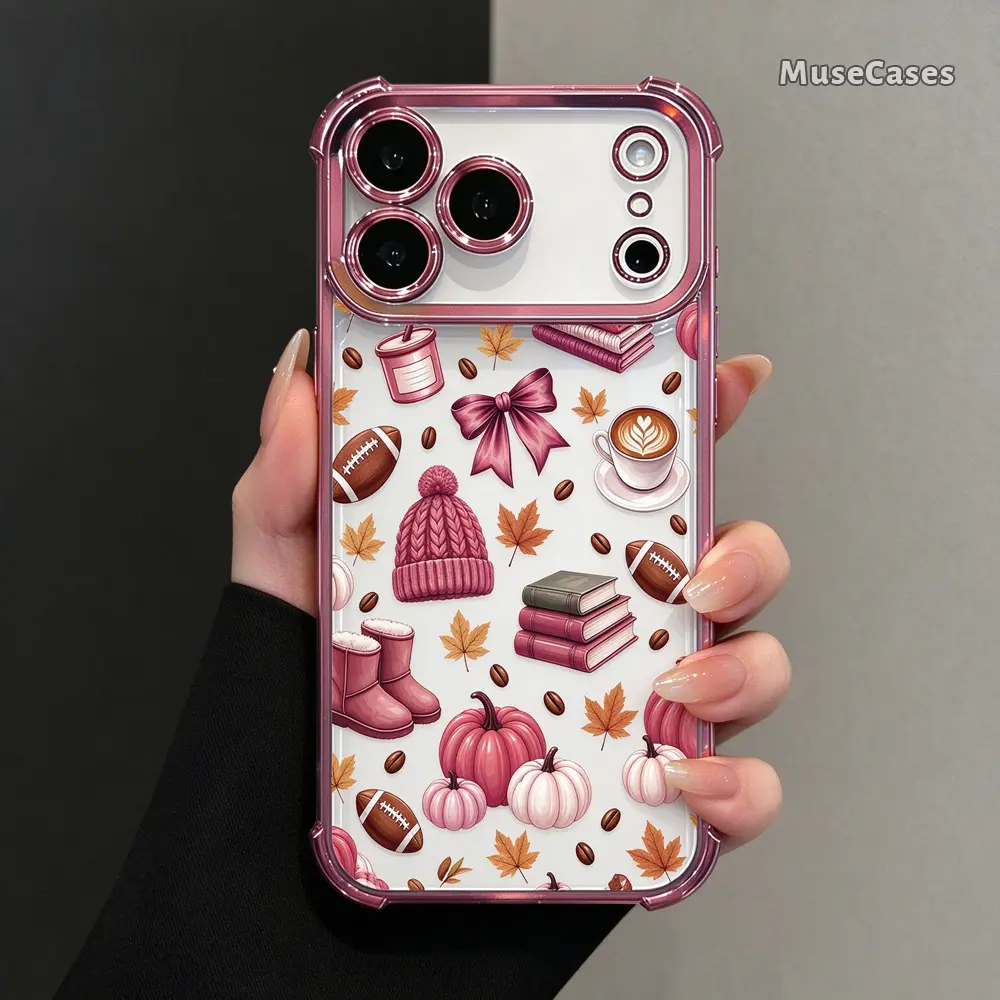 Autumn Cozy Pumpkin Coffee Football Phone Case for iPhone 11 12 13 14 15 16 17 18 Pro Max Plus Air Transparent Soft TPU Hard Shell Shockproof Anti Drop Protector Cover Cases Casing Full Camera Coverage Slim Durable Flexible Mobile DDSJ260929021