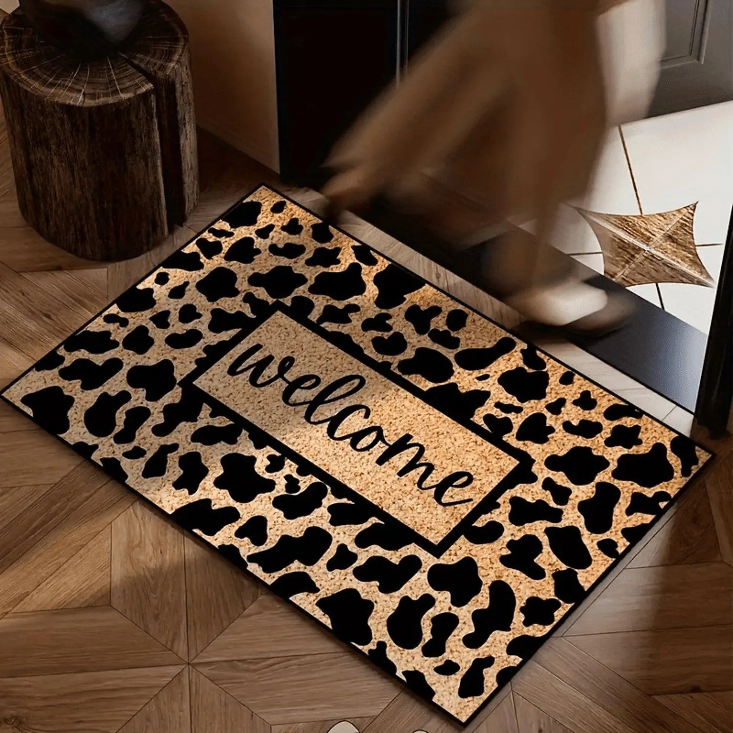 Flannel Leopard Print Welcome Letter Front Door Entrance Doormat
