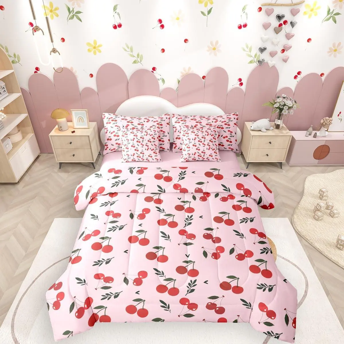 Girls Pink Cherry Comforter Set,7 Piece Bed in A Bag,Cute Fruit Bedding Set,for Kids Teen Girls Kawaii Cherries Print Comforter and Sheets Aesthetic Bed Set,Room Decor