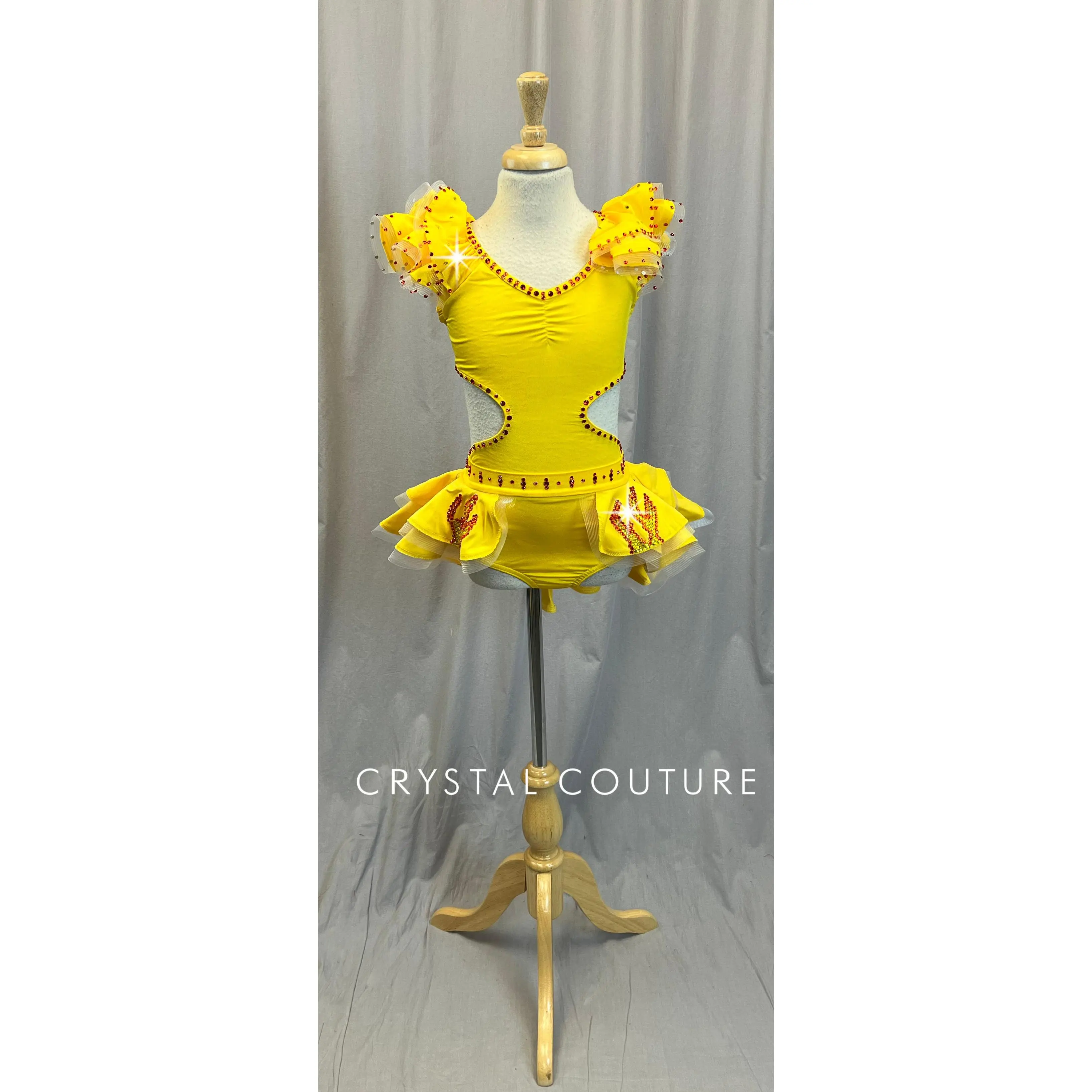 Yellow Leotard with Ruffles and Cutout Accents + Skirt Two Piece Set - Rhinestones