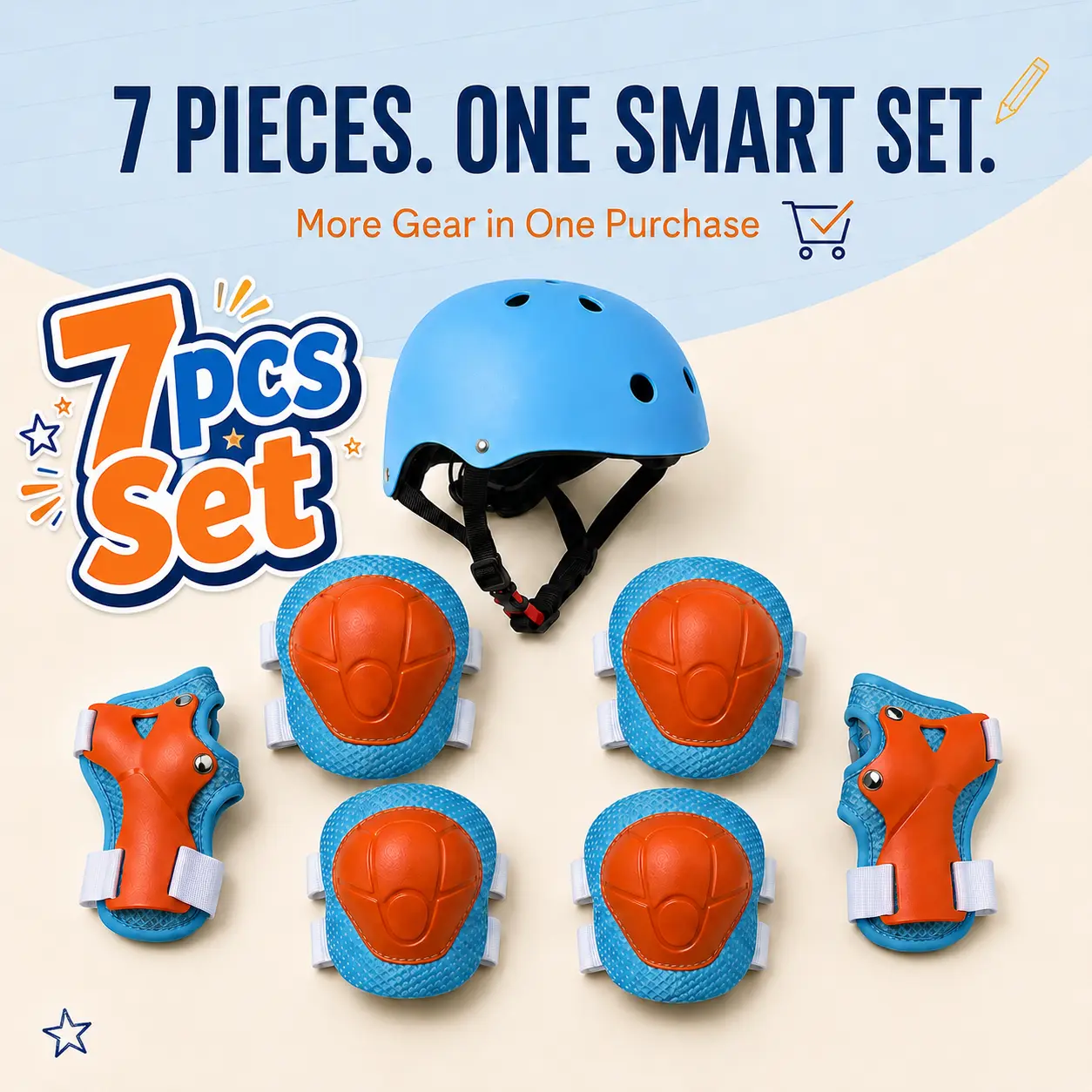 Kids 7PCS Helmet and Protective Pads Set, Adjustable 11-Vent EPS PVC Helmet with Knee Pads, Elbow Pads and Wrist Guards, CPC Certified, Ages 5-10