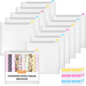 12 Pack 12x12 Scrapbook Paper Storage Organizer with 60PCS Sticky Index Tabs for Holding Scrapbooking, Vinyl Sheets, Cardstock and Photos