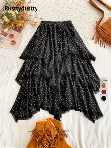 Women's All Over Print Contrast Lace Ruffle Trim Tiered Layer Skirt, Boho Fashion Elastic Waist Long Skirt For Daily Holiday Vacation Wear, Ladies Bottoms For All Seasons