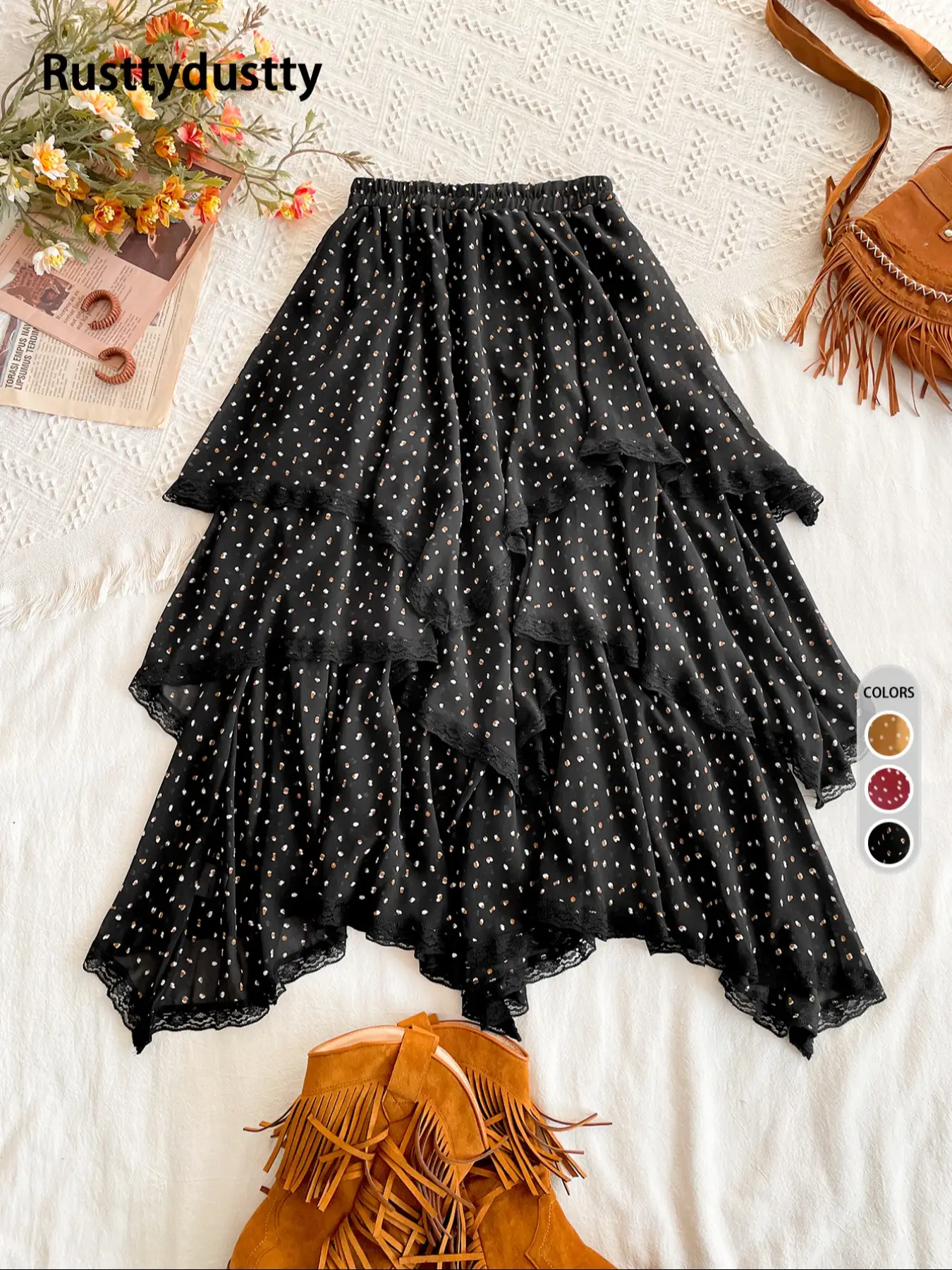 Women's All Over Print Contrast Lace Ruffle Trim Tiered Layer Skirt, Bohemian Fashion Elastic Waist Long Skirt For Daily Holiday Vacation Wear, Ladies