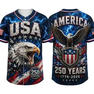 2026 USA 250 Navy Button Down Baseball Jersey for Men, Bald Eagle Graphic, America 250 Years Back Print, Lightning Flag Design, Shield Emblem, Short Sleeve Patriotic Baseball Top for July 4th Game Day and Party Wear