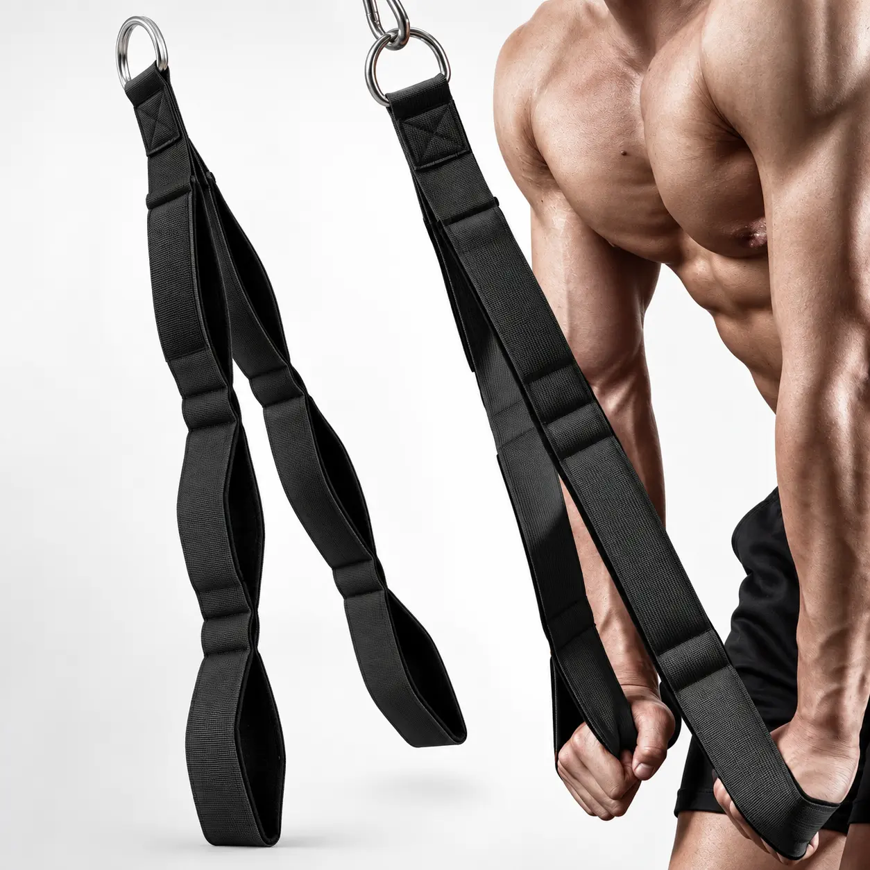 Tricep Strap Cable Machine Attachment for Men and Women - 4 Padded Grip Loops, Flexible Nylon Workout Handle for Arm, Shoulder, Back and Upper Body Strength Training
