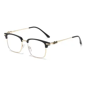 Men Browline Blue Light Blocking Glasses, Black Acetate Top Gold Metal Bottom Frame Vintage Cross Decor Temple Anti Eyestrain Computer Eyeglasses