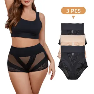 QT 3PCS High-Waisted Tummy Control V-Shaped Panties Soft Comfortable Lace Breathable Stretchy Large-Size Womenswear Friendly Underwear S-3XL