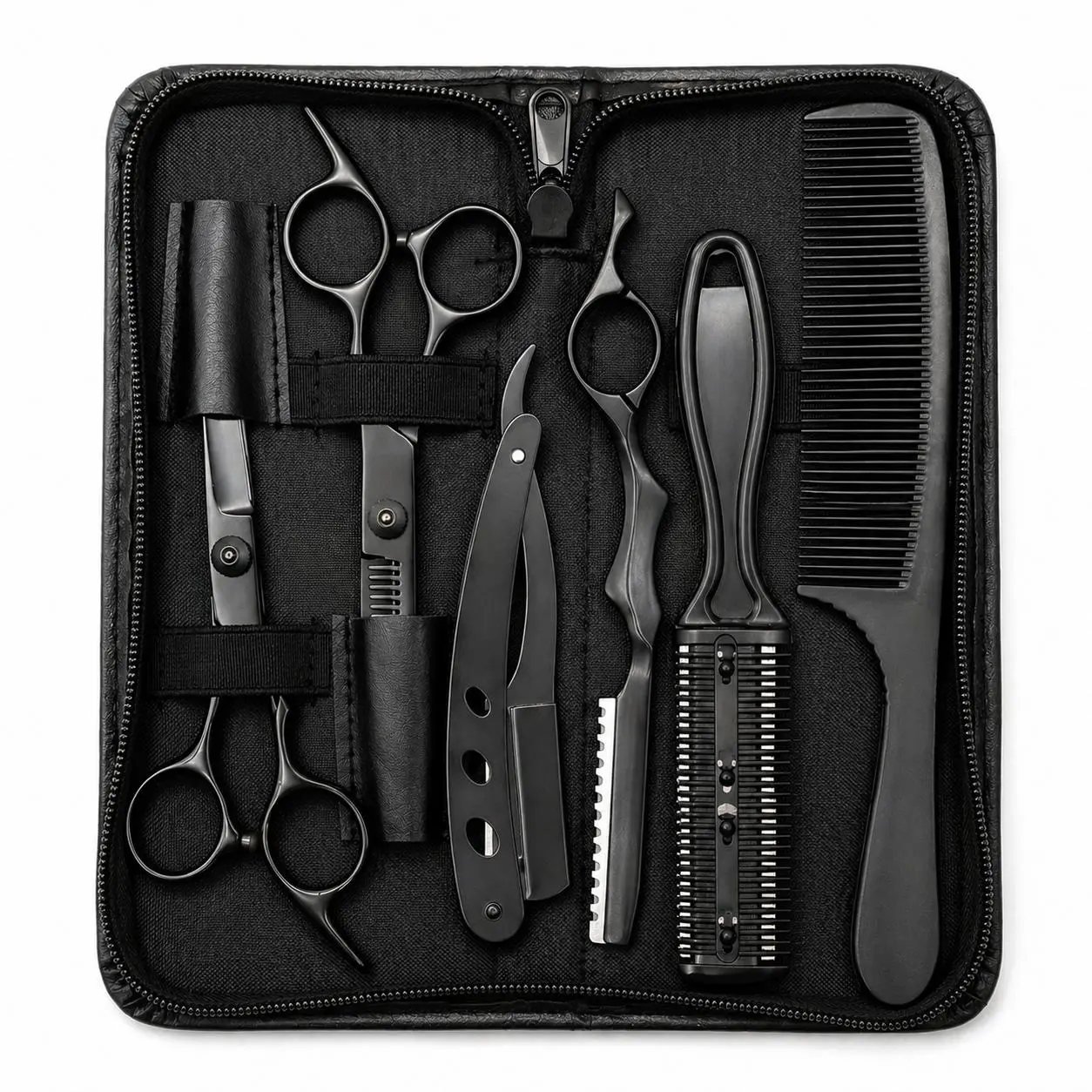 Men's 6-Piece Stainless Steel Haircare Trim Kit - Smooth Handle Cutting Scissors, Thinning Shears, Straight Razor, 3 Combs, Storage Case for Home Haircuts, Beard Trimming