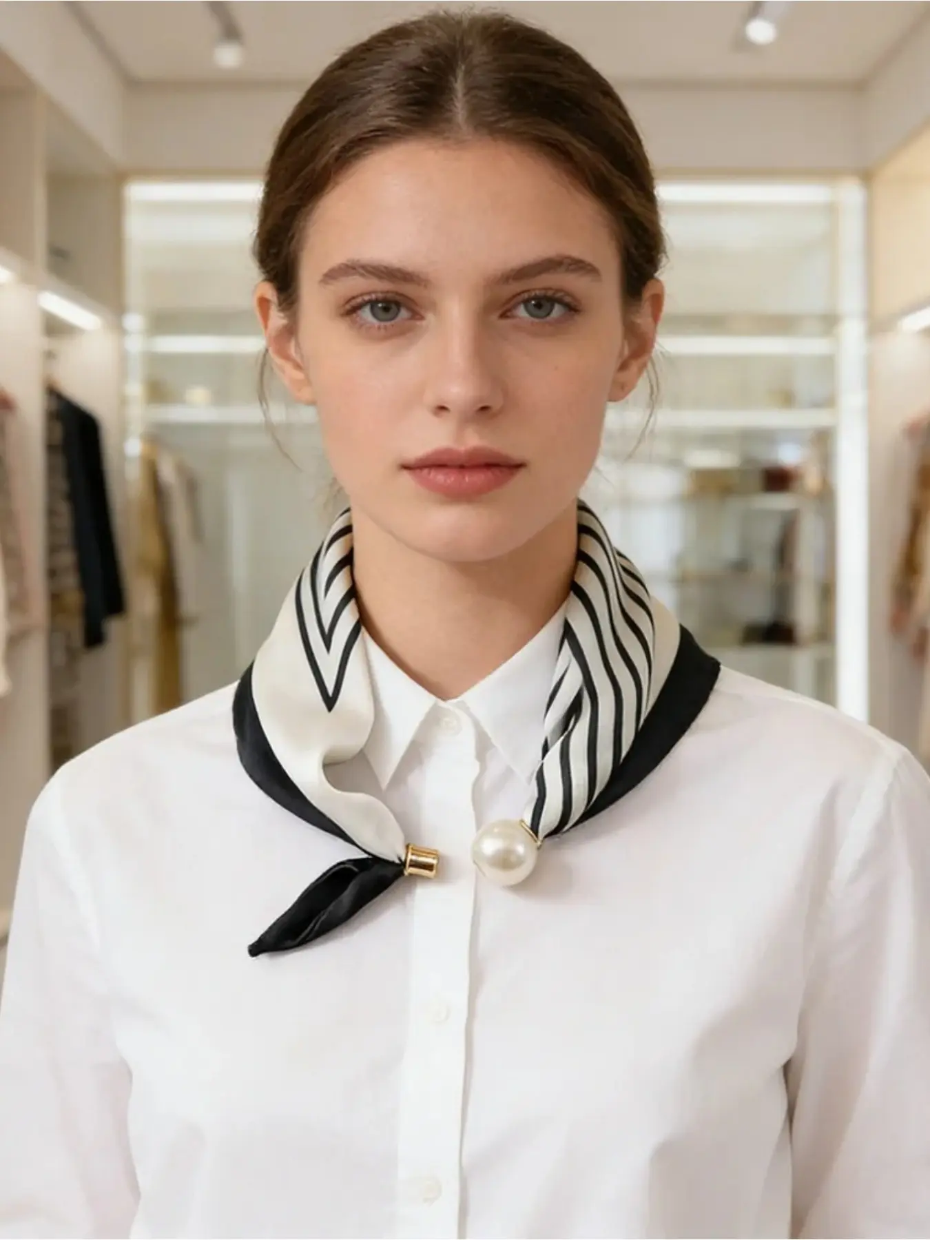 1PC beige magnetic buckle pearl necklace narrow strip silk scarf women's neck scarf with shirt scarf Tie Scarf Bandana