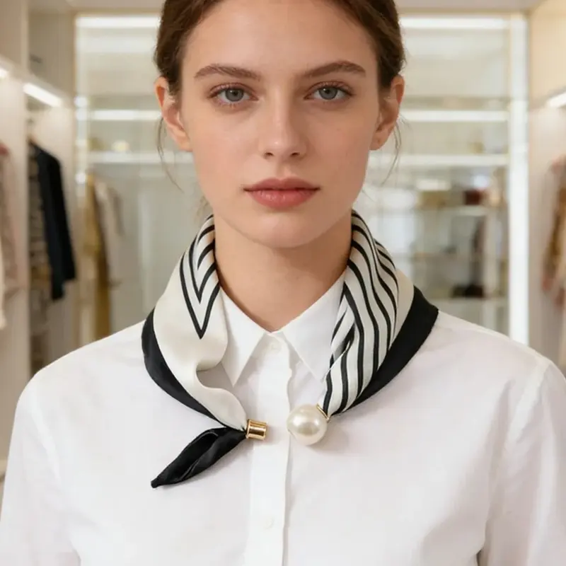 1PC beige magnetic buckle pearl necklace narrow strip silk scarf women's neck scarf with shirt scarf Tie Scarf Bandana
