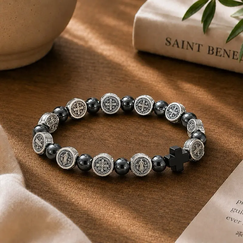 Unisex Catholic Rosary Bracelet with San Benito Medal Cross, Hematite Beads, Cable Chain - Classic, Elegant, Semi Formal & Casual Religious Fashion Costume Jewelry Accessory for Daily Wear Faith