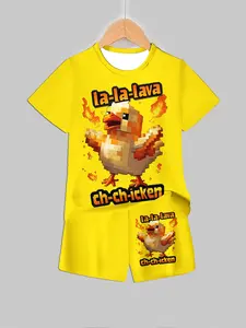 Trendy Set, Full Print Pixel Chicken Short Sleeve Top & Shorts, Eye-Catching Fashion, Perfect for Kids