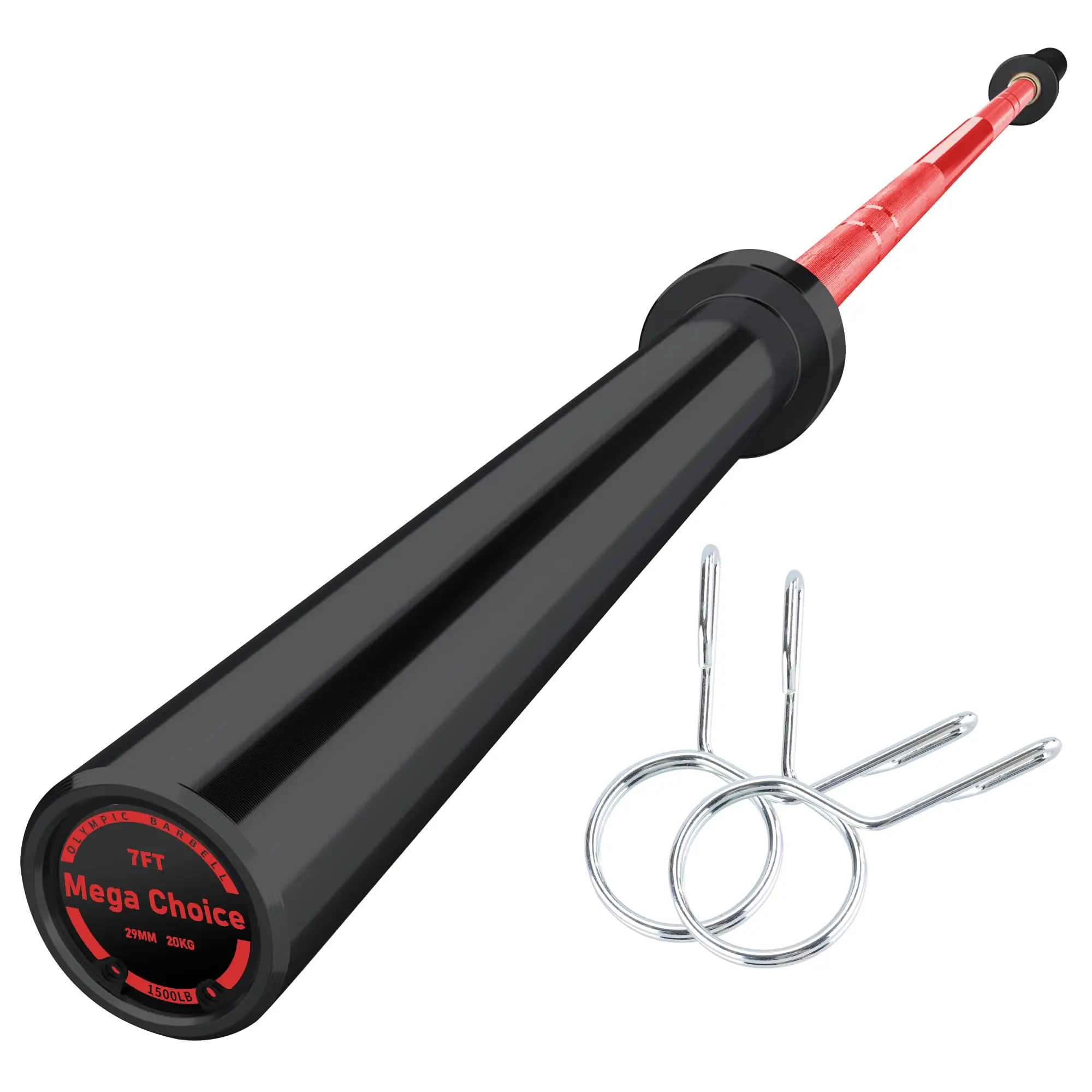 7FT Alloy Steel Barbell Bar (Barbells), 45lb, 1500 lbs Capacity, 28mm Shaft Diameter, 16.4-in Loadable Sleeve, Bronze Bushings, Chrome Plated, Knurled Grip, Fits 2" Standard Weights, Confident Handling Black-Red Indoor Fitness Equipment