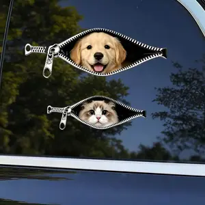4/6 Pieces Interesting Animal Car Stickers Zipper Cats Dog Stickers Car window glass stickers scratch blocking golden gradient Shiba Inu electric car decoration waterproof stickers suitable for cars, trucks, motorcycles, computer luggage